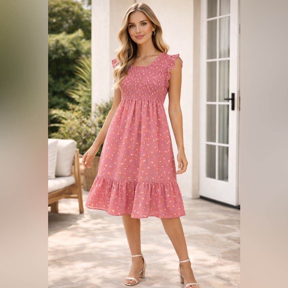 Michelle McDowell Midi Dress Size M Ruffle sleeves Shiffon Novelty print‎